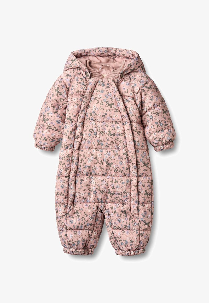 Rausvos spalvos siuvinėta žieminė kombinezonas su gėlių raštu, su kapišonu, elastingais rankogaliais ir užsegimu spaustukais. Minkšta medžiaga su paminkštinta izoliacija.