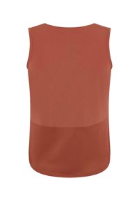 Mouwloos topje in roestkleur, gemaakt van gladde stof. Heeft een ronde halslijn en een color-block ontwerp met een gelaagde uitstraling.