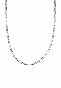 Collana in metallo argento con forme ovali collegate allungate. Texture liscia, design uniforme e finitura brillante.