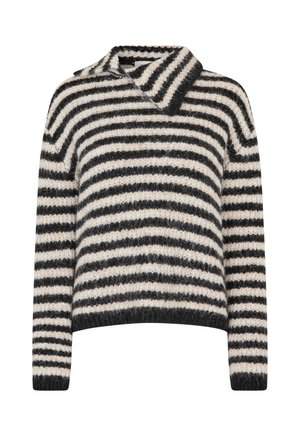 Gestreifter Pullover mit Kragen. Hergestellt aus einem weichen, strukturierten Stoff in Dunkelgrau und Creme gestreift. Lockere Passform mit langen Ärmeln.