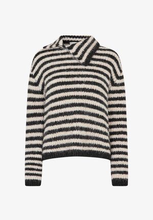 Pull rayé avec un col. Fabriqué dans un tissu texturé doux aux rayures gris foncé et crème. Coupe décontractée avec des manches longues.