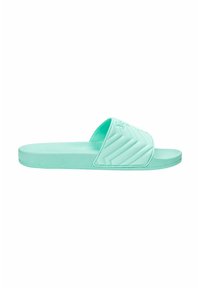 Mint green slide sandals made of textured synthetic material, featuring a chevron pattern on the strap and a flat sole design.