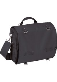 Black messenger bag made of durable fabric, featuring a flap closure, adjustable shoulder strap, and metallic hardware accents.