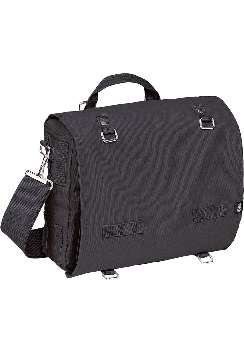 Black messenger bag made of durable fabric, featuring a flap closure, adjustable shoulder strap, and metallic hardware accents.