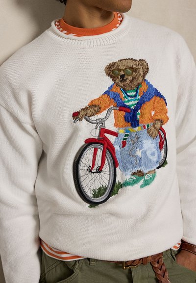 Pullover mit gesticktem Bären, der eine Sonnenbrille, eine orangefarbene Jacke, blaue Hosen und grüne Schuhe trägt, steht neben einem roten Fahrrad auf Gras.