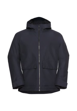 Wasserabweisende marineblaue Jacke mit Kapuze, Frontreißverschluss und zwei großen Klappentaschen. Verfügt über eine elegante, glatte Textur und ein modernes Design.