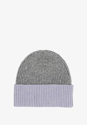Knitted beanie hat featuring a gray top section and a light lavender ribbed cuff, with a soft texture and flexible fit.
