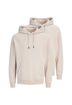 Dwie beżowe bluzy z kapturem z przednimi kieszeniami i sznurkami, pokazane na jednolitym białym tle.