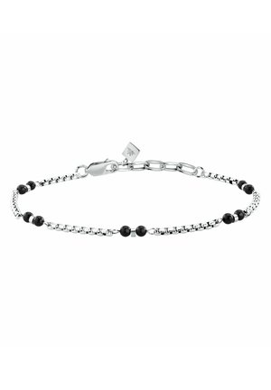 Bracciale a catena d'argento con perline nere distanziate in modo uniforme, chiusura a moschettone e un anello regolabile con un piccolo ciondolo quadrato.