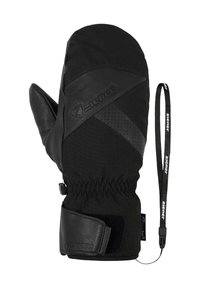 Schwarze Handschuhe aus einer Mischung von strukturiertem Stoff und Leder. Enthält einen Handgelenkriemen und einen verstellbaren Klettverschluss mit Markenlogo.