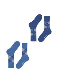 Chaussettes en coton bleu avec un motif argyle dans diverses nuances de bleu et de gris. Texture douce avec des bords côtelés et un détail de logo.
