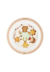 Runder Teller mit einem bunten, illustrierten Design von fünf Cartoon-Tieren auf einem beigen Hintergrund mit festlichen Wimpeln. Sichere Materialien.