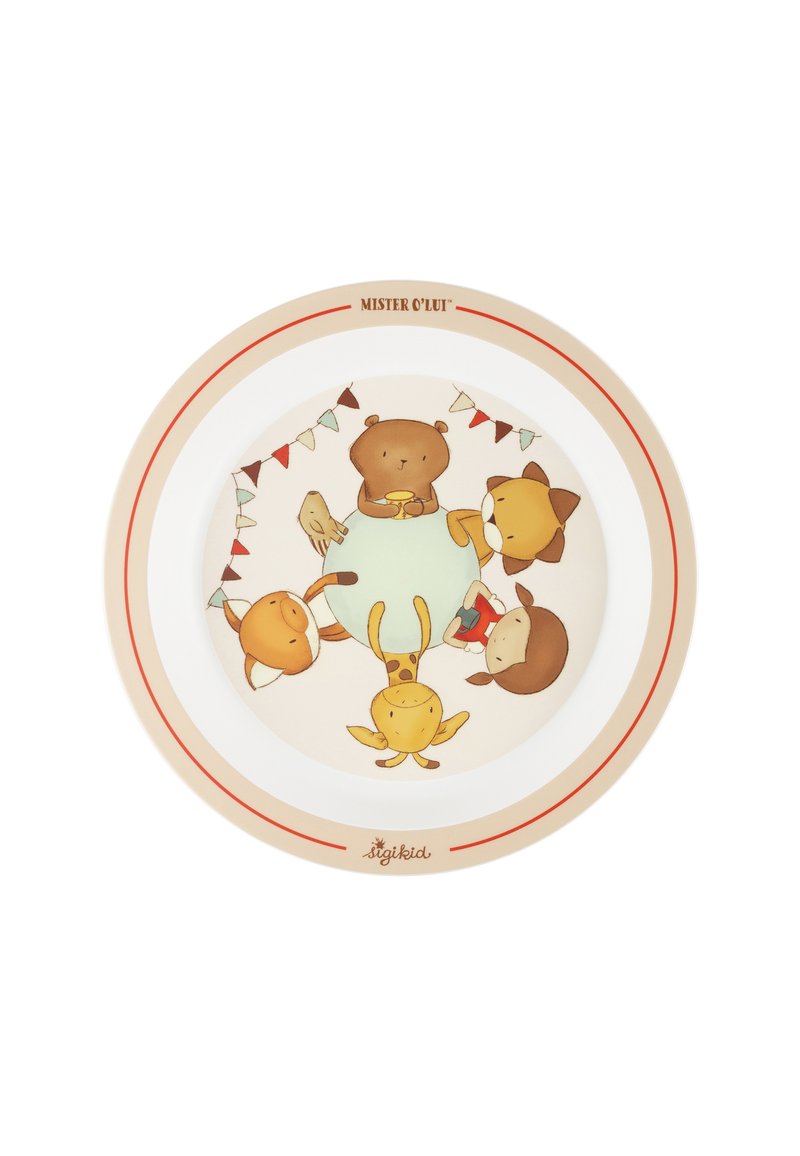 Runder Teller mit einem bunten, illustrierten Design von fünf Cartoon-Tieren auf einem beigen Hintergrund mit festlichen Wimpeln. Sichere Materialien.