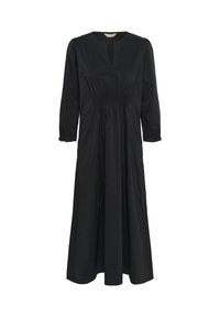 Black, long-sleeve dress featuring a V-neck, smocked waist, and a flowing silhouette, made of lightweight fabric with a smooth texture.