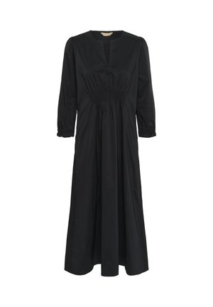 Black, long-sleeve dress featuring a V-neck, smocked waist, and a flowing silhouette, made of lightweight fabric with a smooth texture.