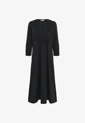 Fekete, hosszú ujjas ruha V-nyakkivágással, ráncolt derékkal és lágy sziluettel, könnyű anyagból, sima textúrával készült.