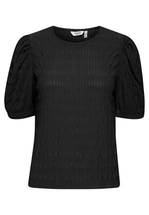 Sort T-shirt med korte ærmer og rund halsudskæring, tekstureret stof med bølgemønstre og puffede ærmer for ekstra volumen.