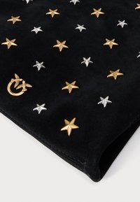 Černá semišová tkanina se zlatými a stříbrnými hroty ve tvaru hvězd a malým zlatým kulatým detailem se dvěma ptáky.