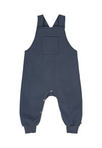 Navy blue cotton overall with adjustable straps, front pocket, snap closures at the bottom, and fitted cuffs at the ankles.