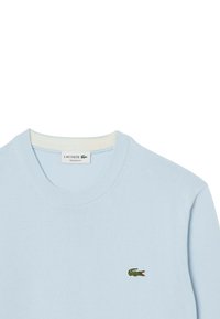 Helles blaues Baumwollpullover mit einem gerippten Rundhalsausschnitt und einem kleinen grünen Krokodil-Logo auf der linken Brust. Reguläre Passform.