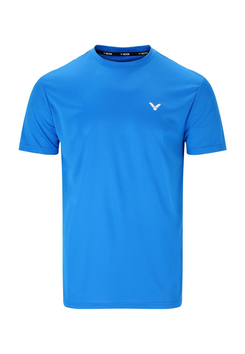 Blå atletisk T-shirt lavet af let, glat stof med rund hals og et lille hvidt logo øverst til venstre.