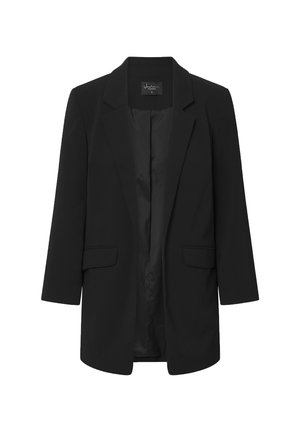 Blazer negro, diseño entallado, tejido ligero, solapa de chal y dos bolsillos delanteros. Interior forrado con material negro suave, sin cierres.