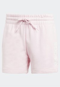 Ljusrosa bomullsshorts med resårmidja och dragsko. Har en vit logotyp tryckt vertikalt på sidan. Mjuk textur.