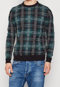 Sweter dziany w zieloną, czarno-białą kratę, z okrągłym dekoltem oraz ściągaczami na rękawach i u dołu. Noszony razem z niebieskimi dżinsami.