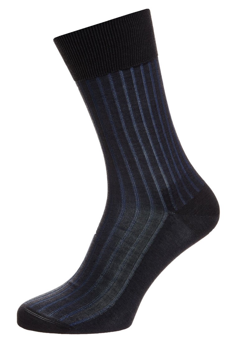 Calcetín de rayas azul oscuro y negro con parte superior acanalada, textura suave y longitud media. Diseñado para la comodidad y el uso casual.