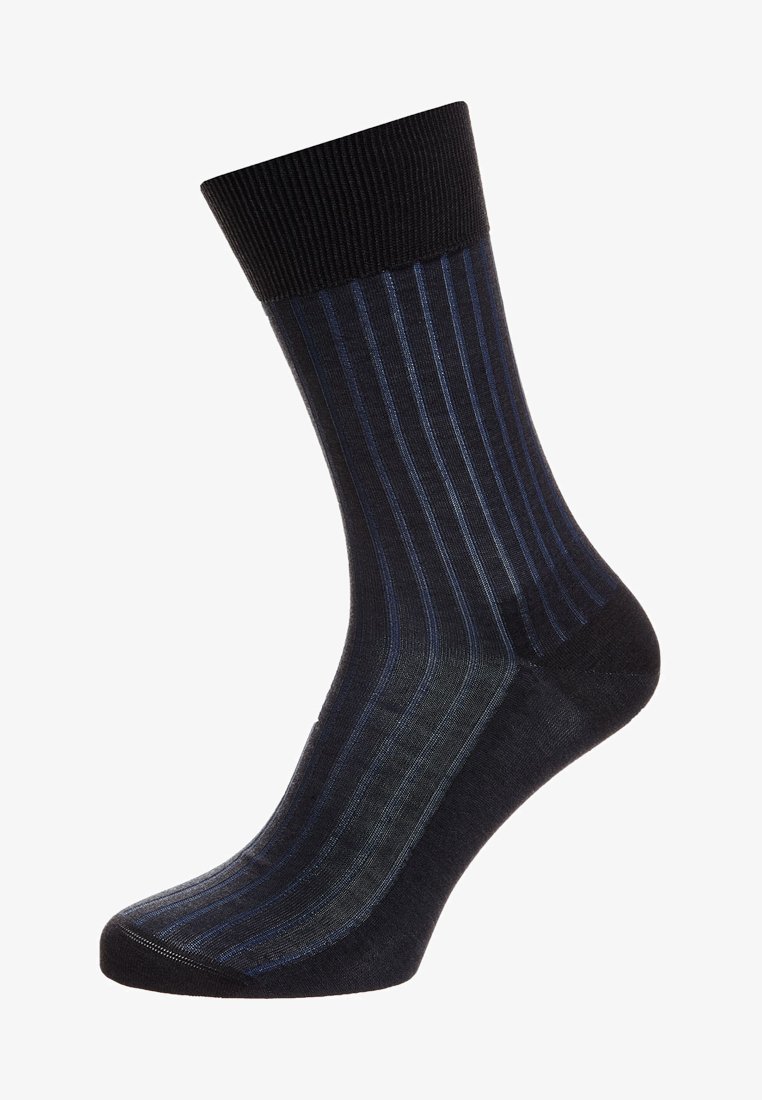 Calcetín de rayas azul oscuro y negro con parte superior acanalada, textura suave y longitud media. Diseñado para la comodidad y el uso casual.