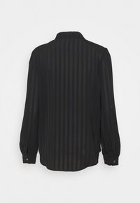 Blouse noire à manches longues avec de fines rayures verticales, poignets boutonnés et col classique, vue de dos sur fond blanc.