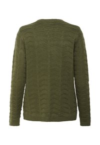 Olajzöld kötött pulóver, kiemelkedő zigzag mintával, kerek nyakkivágással és hosszú ujjakkal. Puha anyag ribbelt mandzsettákkal és szegéllyel.