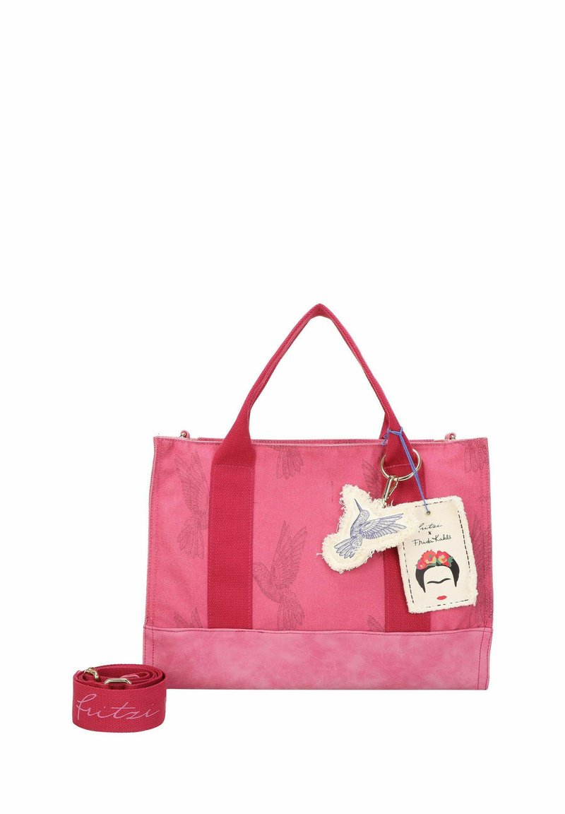 Bolso tote rosa con acentos en rosa más claro, que presenta patrones de pájaros, dos asas resistentes, una correa desmontable y una etiqueta decorativa con ilustraciones.