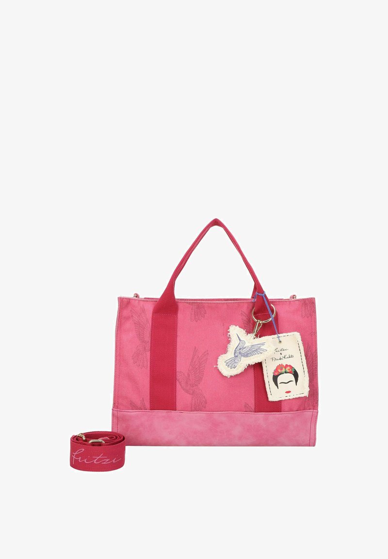 Borsa tote rosa con accenti rosa più chiari, decorata con motivi di uccelli, due robuste maniglie, una tracolla rimovibile e un'etichetta decorativa con illustrazioni.