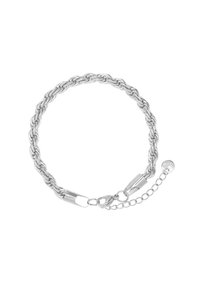 Bracciale intrecciato in argento con chiusura a gancio e catena regolabile. Presenta una superficie liscia e lucente e accenti decorativi in metallo.