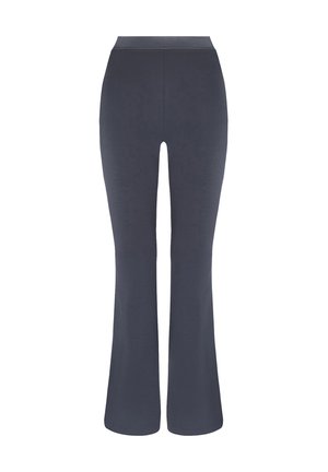 Spodnie dzwony w ciemnoszarym kolorze, wykonane z elastycznej tkaniny o gładkiej fakturze. Wysoki stan i brak widocznych kieszeni. Prosty, czysty design.