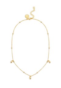 Collier en or avec une chaîne délicate ornée de perles rondes et de trois accents en forme de goutte disposés à intervalles. Fermoir ajustable avec une étiquette de logo.