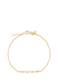 Złoty bransoletka z delikatnym łańcuszkiem oraz teksturowanym, wydłużonym bryłkiem jako centralnym punktem. Posiada zapięcie typu lobster oraz regulowaną długość.