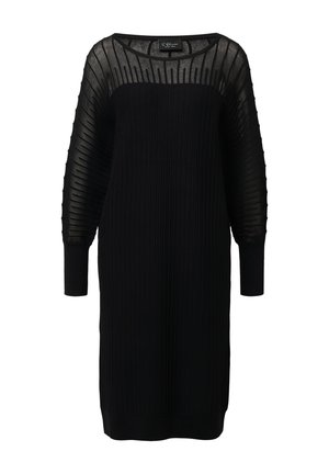 Schwarzes Strickkleid mit gerippter Textur, das einen durchsichtigen, gemusterten oberen Abschnitt und lange Ärmel aufweist. Gerade geschnitten, knielanger Saum.