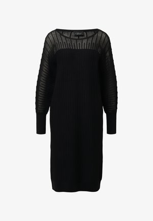 Schwarzes Strickkleid mit gerippter Textur, das einen durchsichtigen, gemusterten oberen Abschnitt und lange Ärmel aufweist. Gerade geschnitten, knielanger Saum.