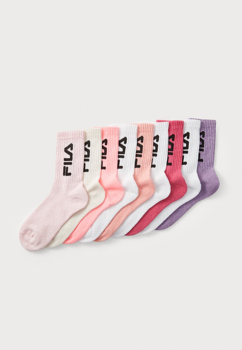 Set of eight pairs of crew socks in various shades: pink, white, and purple. Each features ribbed cuffs and a black Fila logo in the front.