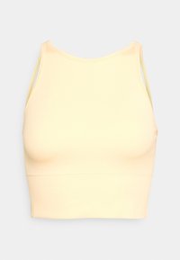 Top curto amarelo com textura canelada e um design ajustado, apresentando alças finas e um acabamento sem costuras. Textura suave sem padrões ou adornos.