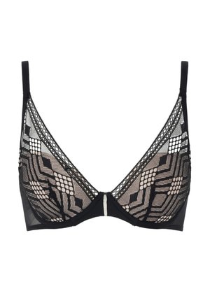 Schwarzer Spitzen-Bralette mit geometrischen Mustern, durchscheinenden Mesh-Panels, verstellbaren Trägern und einem V-Ausschnitt. Dezente, nude-farbene Unterlage unter der Spitze.