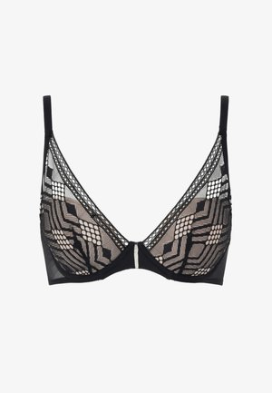 Bralette in pizzo nero con motivi geometrici, pannelli in rete trasparente, spalline regolabili e scollatura a V. Sottile foderatura nude sotto il pizzo.