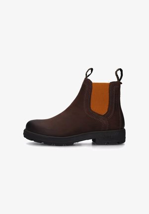 Stivale Chelsea in pelle marrone con pannelli laterali elastici arancioni, suola in gomma nera, linguette di estrazione e dettaglio di cucitura a contrasto sui bordi.