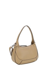 Hellbraune Lederhandtasche mit runder Form, schwarzen Paspelierungen und einem einzelnen Schulterriemen. Verfügt über einen Reißverschluss oben und minimalistisches Branding.