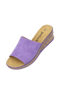 Purple slide sandal with a wide strap, textured synthetic upper, cushioned tan footbed, and a patterned wedge sole for added height.
