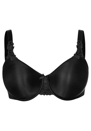 Black padded bra with elegant lace accents on the straps and center, featuring a smooth satin finish and a small decorative bow at the front.