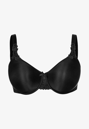 Black padded bra with elegant lace accents on the straps and center, featuring a smooth satin finish and a small decorative bow at the front.