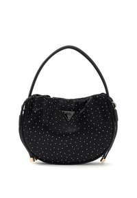 Schwarze Stoffhandtasche mit weißen Polka-Dots und geschwungenem Design. Verfügt über eine glänzende Oberfläche, einen oberen Griff und ein silbernes dreieckiges Logo.